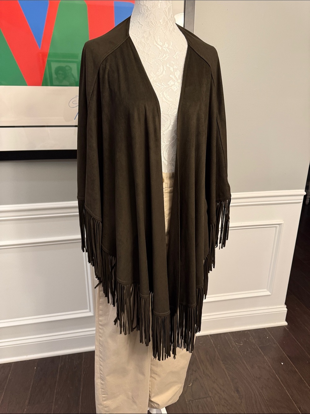 White House Black Market Green Faux Suede Fringed Wrap Cape Poncho OS